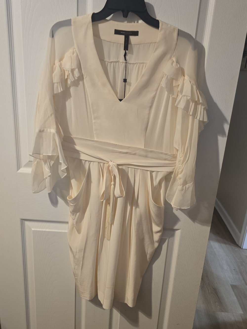 BCBGMaxAzria Cream V-Neck Ruffle Sleeve Tie-Waist Mini Dress